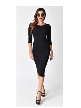 Unique Vintage Black Midi Sheath Dress